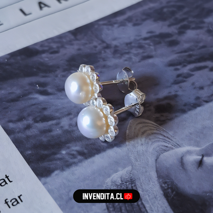 Aros de plata 925 diseño pétalos de circones y perla