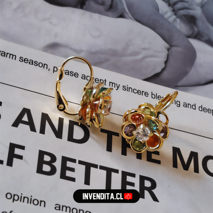 Aros enchapados en oro diseño flor de colores doble de circones