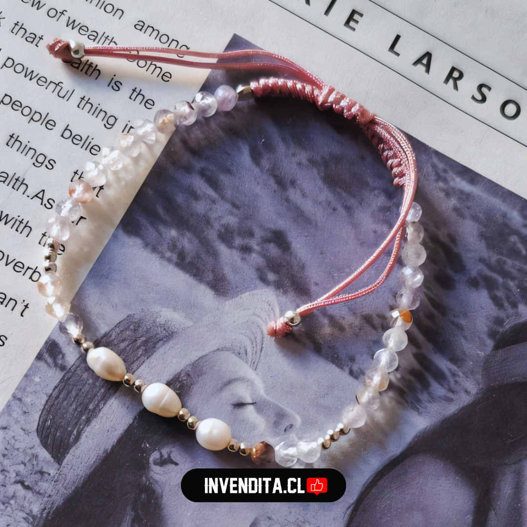 Pulsera de Plata 925 Macramé color Palo de Rosa con Cristales, Esferas y Piedras de Río