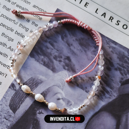 Pulsera de Plata 925 Macramé color Palo de Rosa con Cristales, Esferas y Piedras de Río