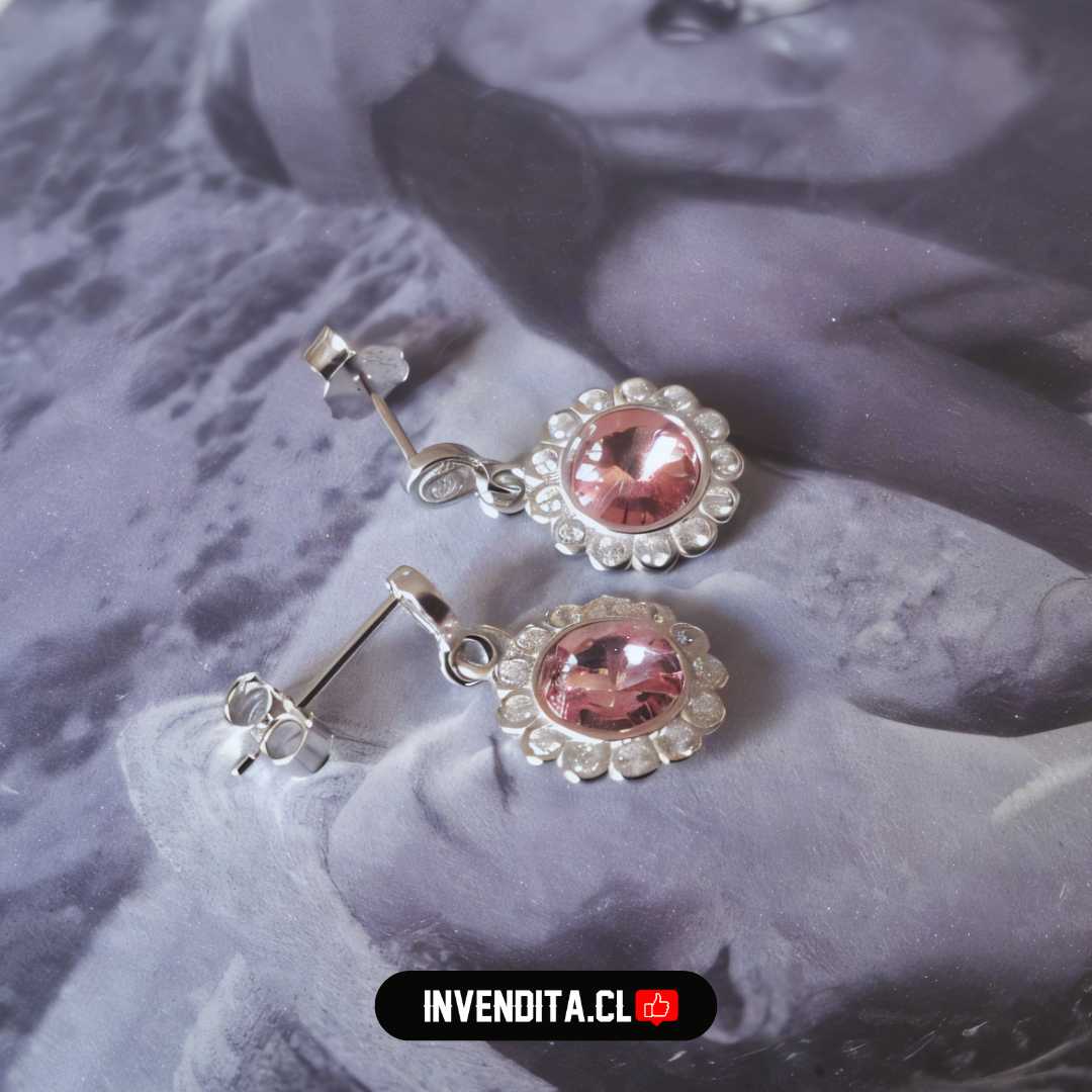 Aros de plata 925 diseño flor con cristal rosa Swarovski Elements