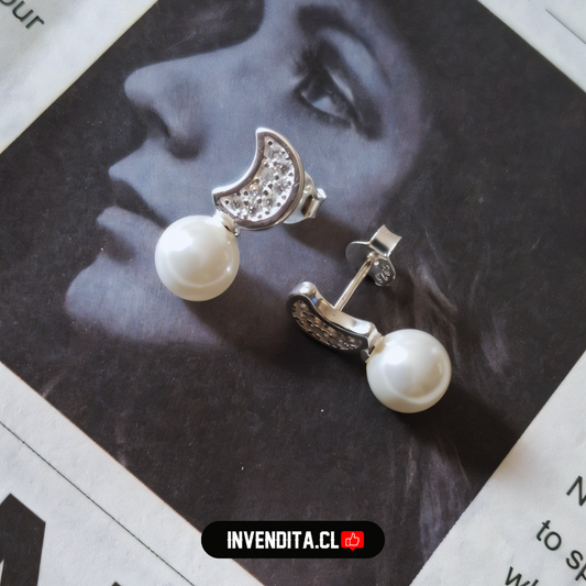 Aros de plata 925 diseño luna de circones con perlas