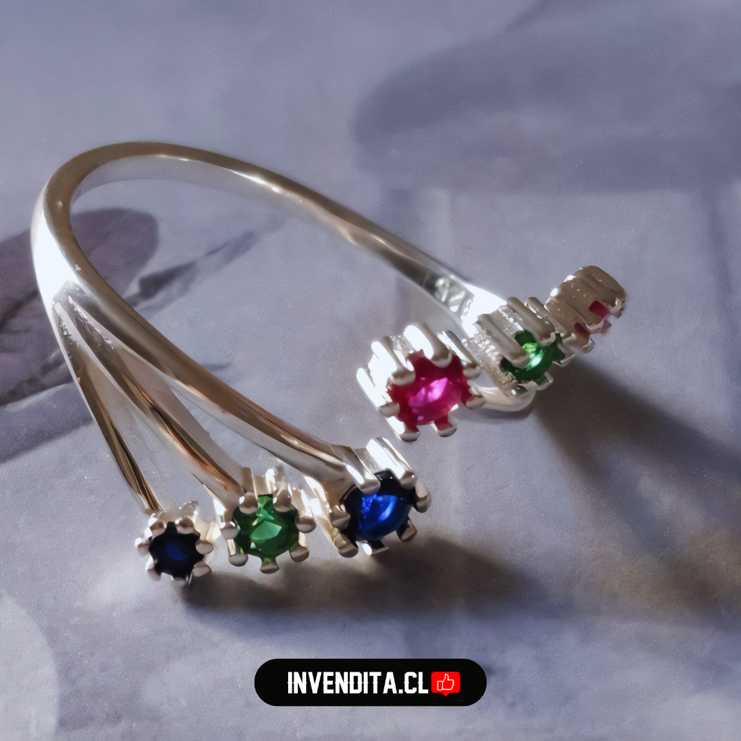 Anillo de plata 925 estilo abierto con puntos de flor de circones de colores