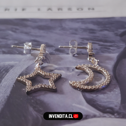 Aros de plata 925 diseño estrella y luna con circones