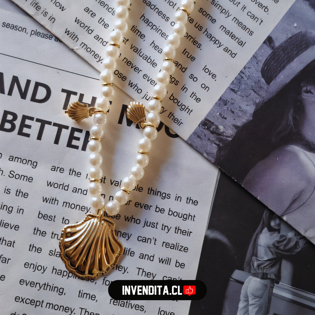 Collar enchapado en oro perlas de imitación con colgantes de concha y terminales dorados