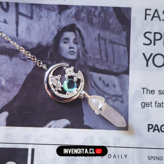 Collar de plata 925 diseño piedra luna con circones y cuarzo