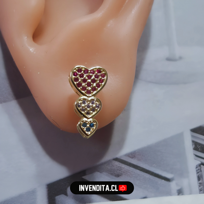 Aros enchapados en oro diseño corazones de colores