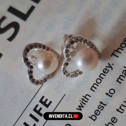 Aros de plata 925 diseño corazón de circones con perla