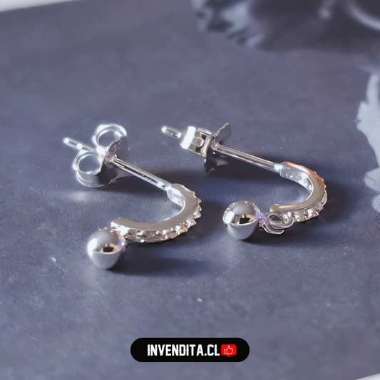 Aros de plata 925 semi argollas con circones y esfera lisa colgante