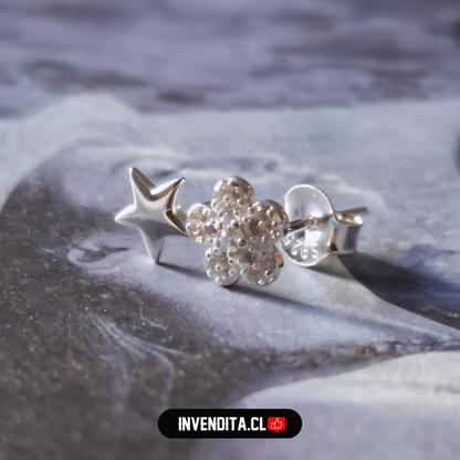 Aros de plata 925 flores con circones y estrella lisa
