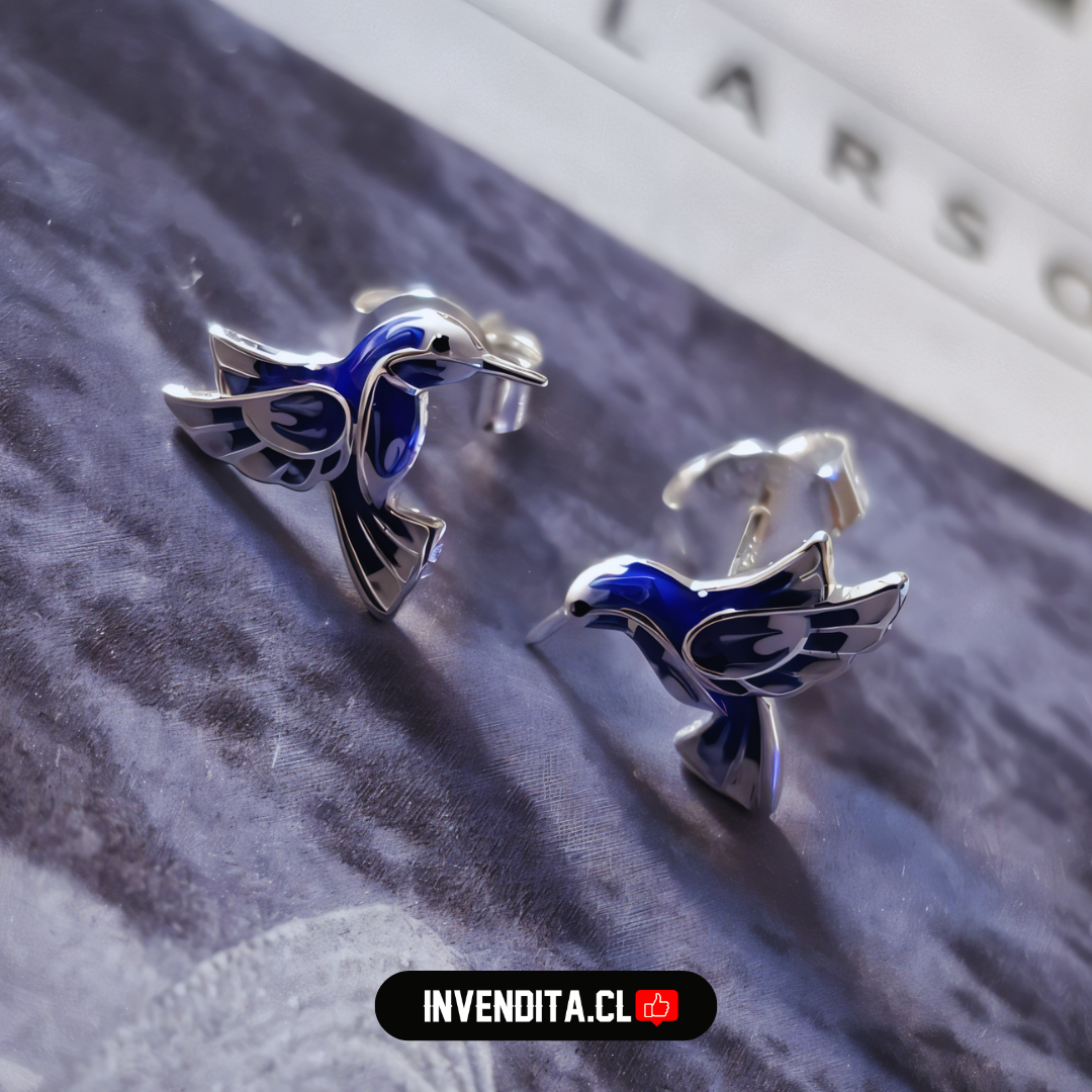 Aros de plata 925 colibrí esmaltado azul eléctrico