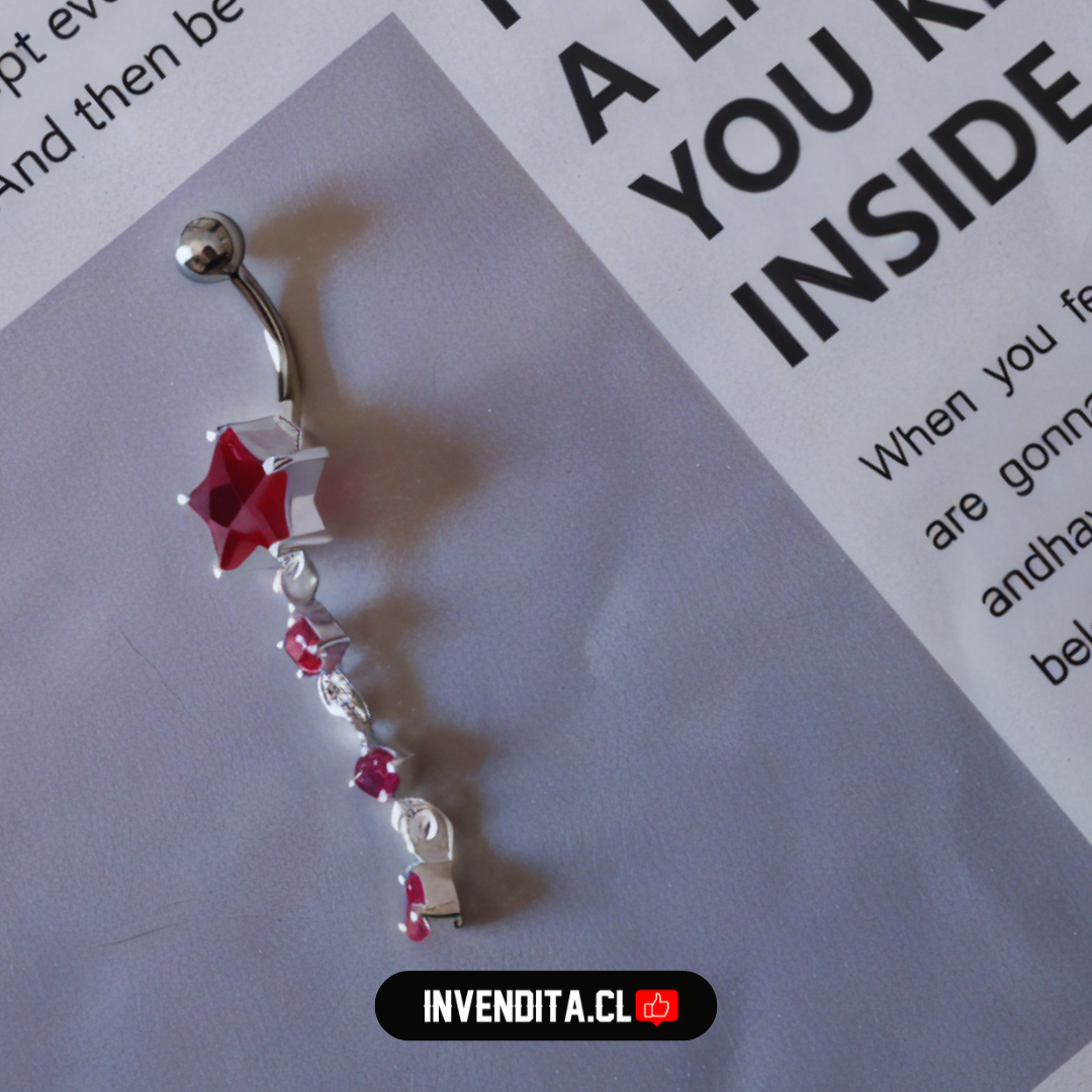 Aro de plata 925 Piercing ombligo estrella con circones de rubí