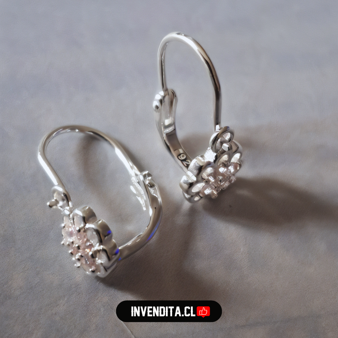 Aros de plata 925 estilo gancho con flor rosa
