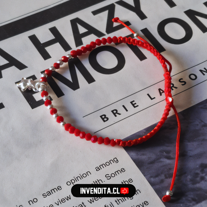 Pulsera macramé roja de plata 925 circón figura estrellada y cristales