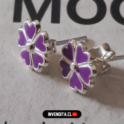 Aros de plata 925 delicadas flores esmaltadas color lavanda