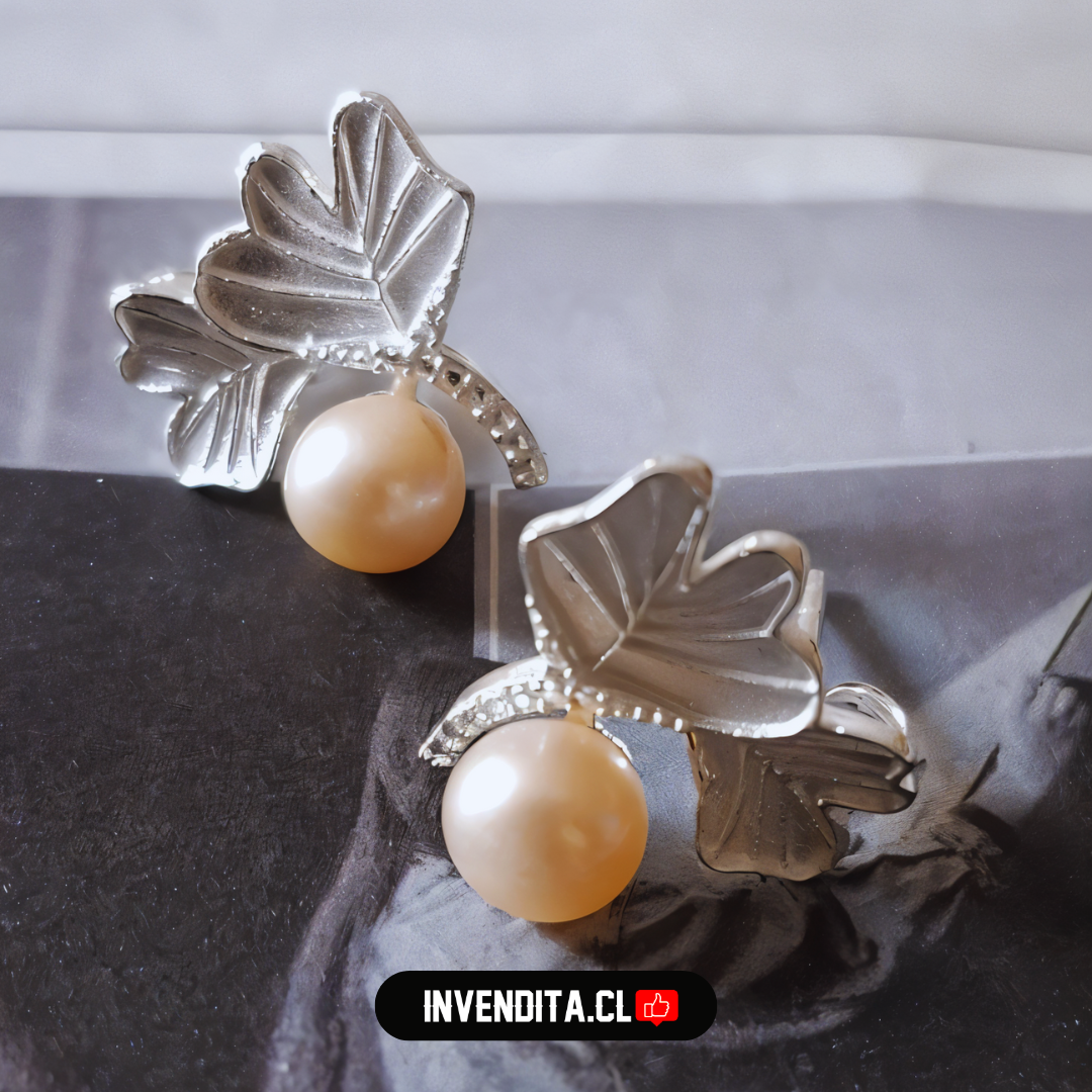 Aros de plata 925 diseño hojas de circones con pequeña perla