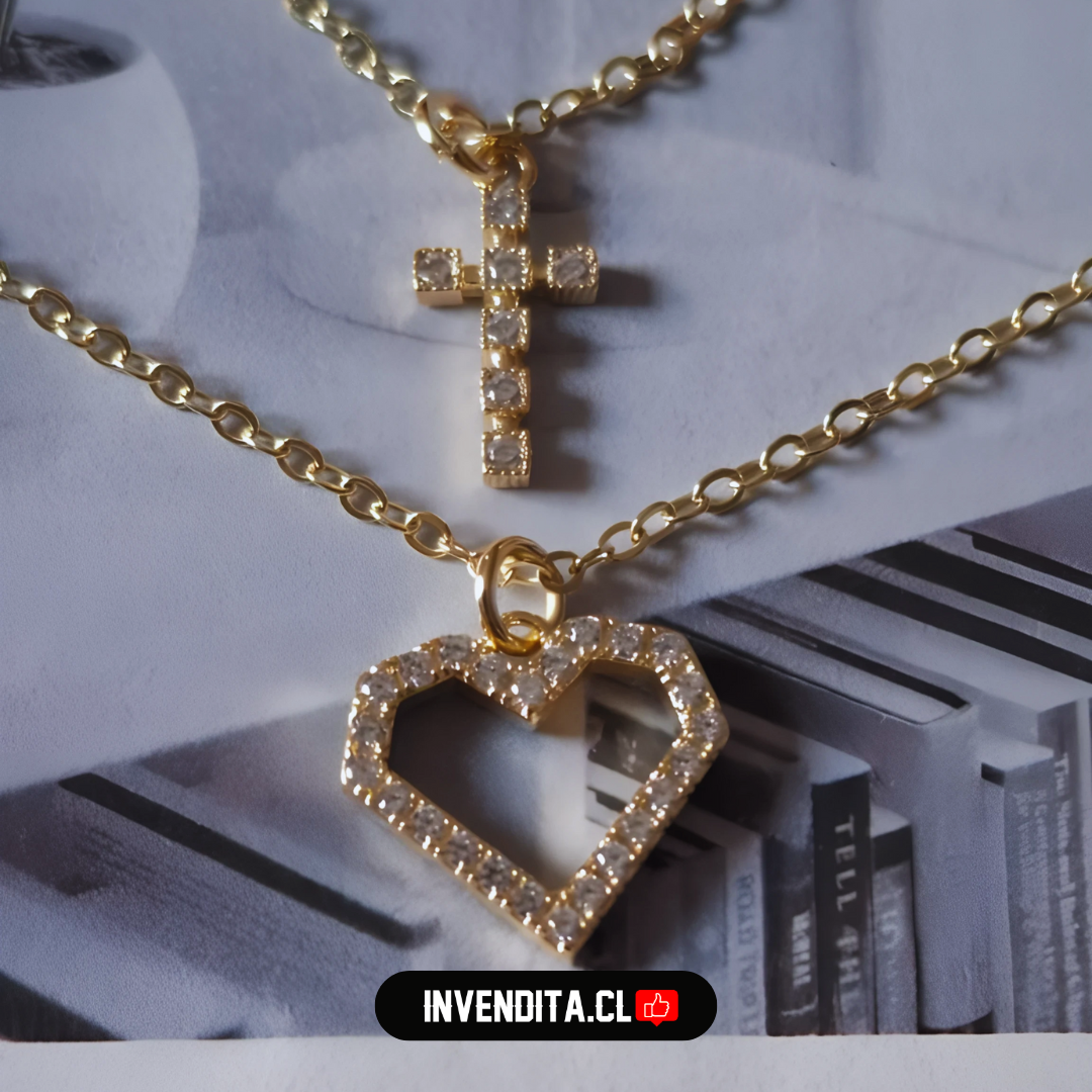 Collar enchapado en oro doble corazón y cruz de circones