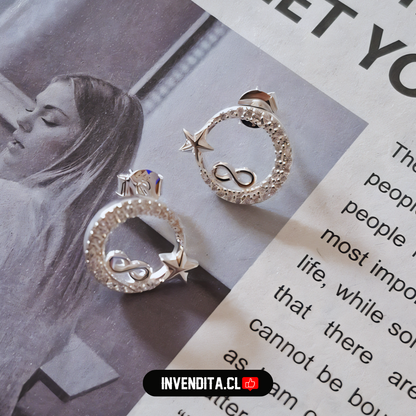 Aros de plata 925 diseño luna de estrella e infinito con circones
