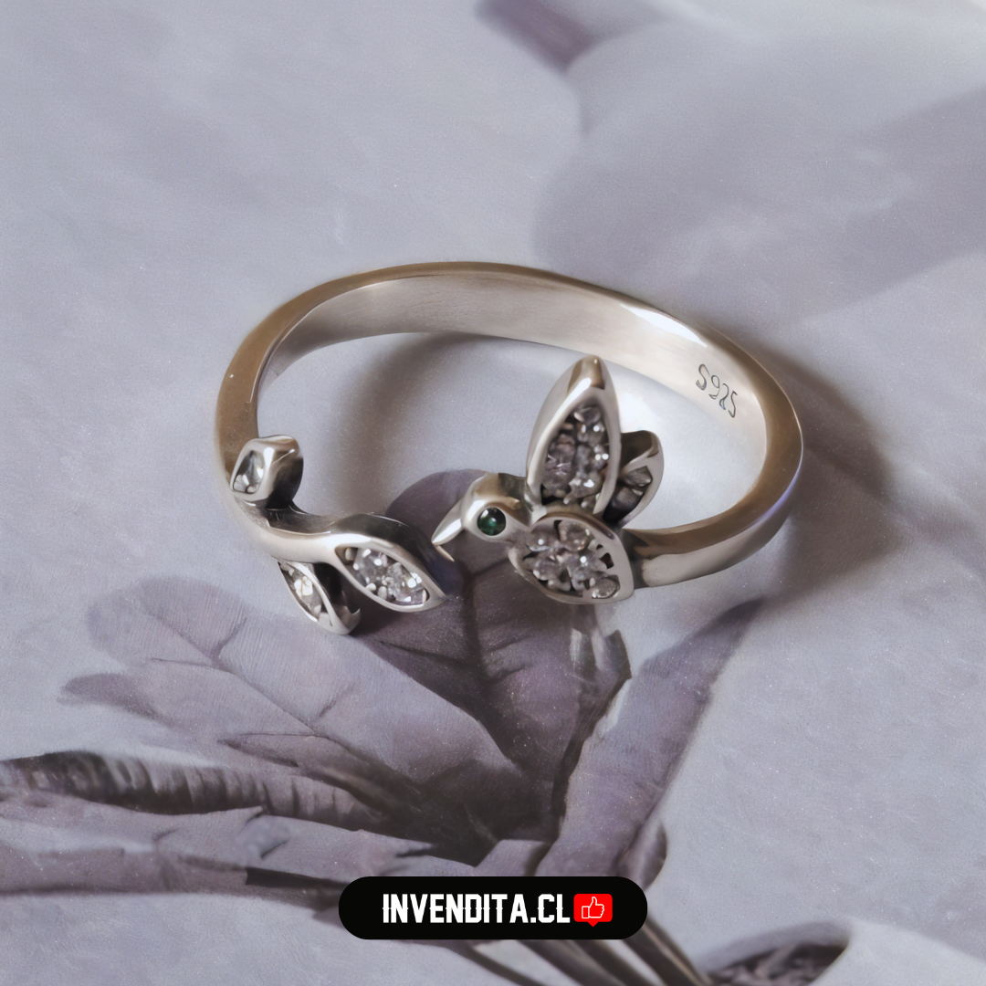 Anillo de plata 925 colibrí con pequeñas hojas y circones