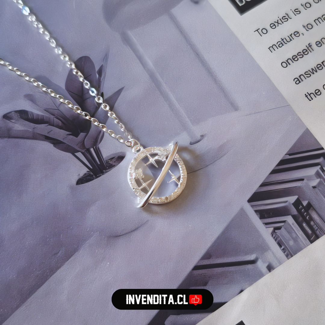 Collar de plata 925 diseño planeta con estrellas y circones