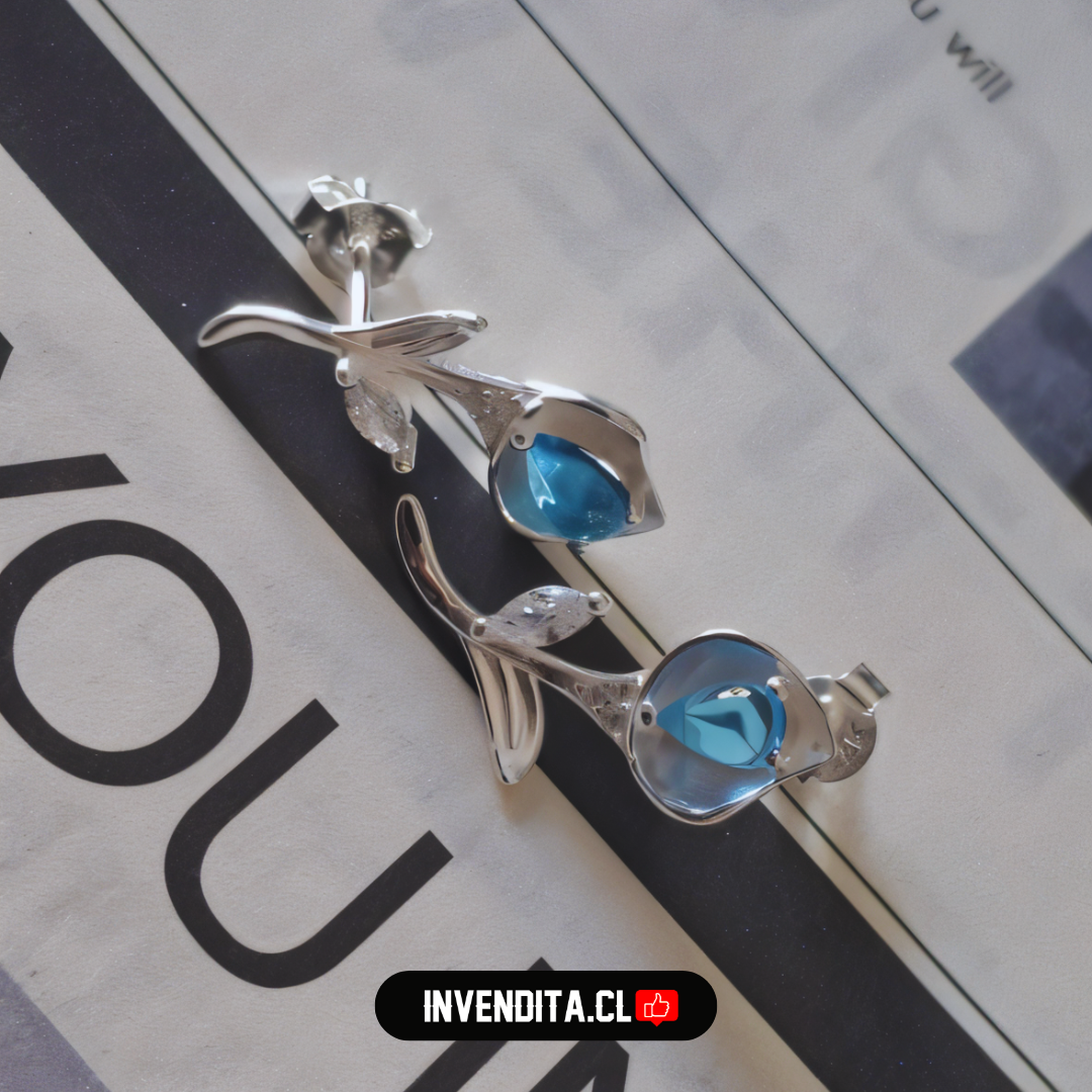 Aros de plata 925 flor con circones y cristal celeste