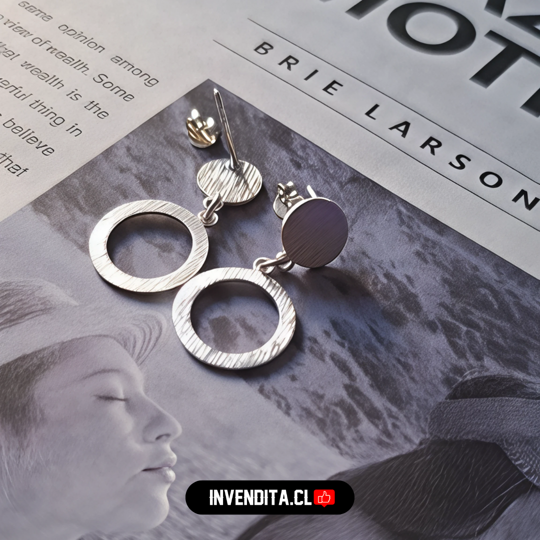 Aros de plata 925 doble placa circular satinada con mini cadena