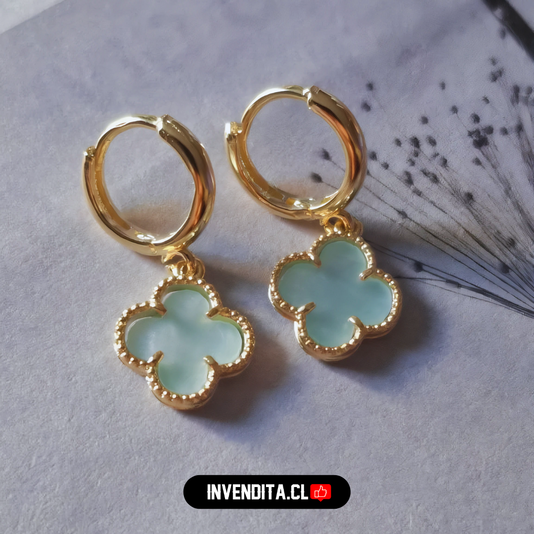 Aros enchapados en oro argollas con placa flor verde turquesa
