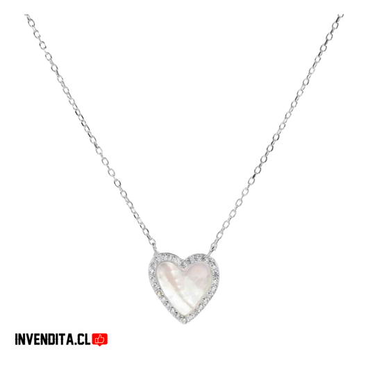 Collar de plata 925 placa corazón de nácar con circones