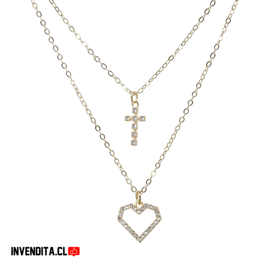 Collar enchapado en oro doble corazón y cruz de circones