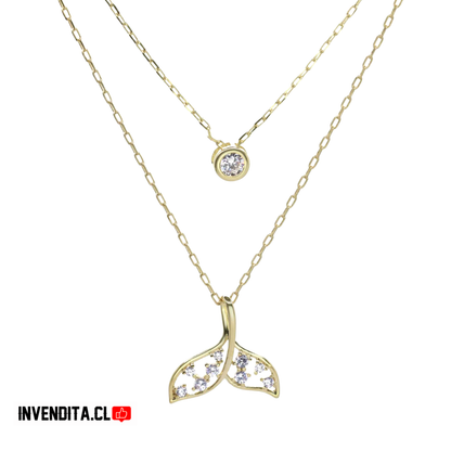 Collar enchapado en oro modelo doble con punto de luz y cola de ballena con mini circones