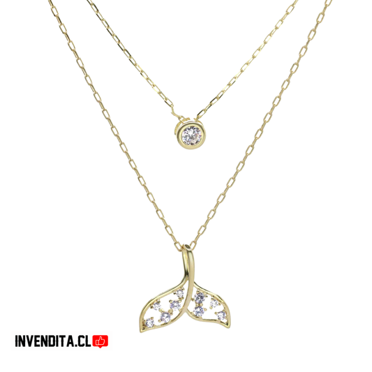 Collar enchapado en oro modelo doble con punto de luz y cola de ballena con mini circones