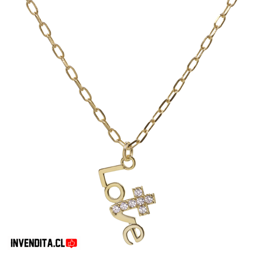 Collar enchapado en oro modelo LOVE con cruz de circones