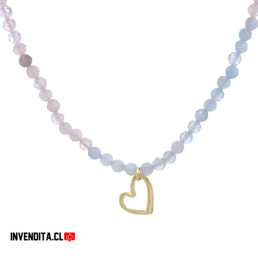 Collar enchapado en oro piedras Ágata colores pasteles y colgante corazón