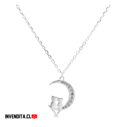 Collar de plata 925 media luna con figura de dos gatos