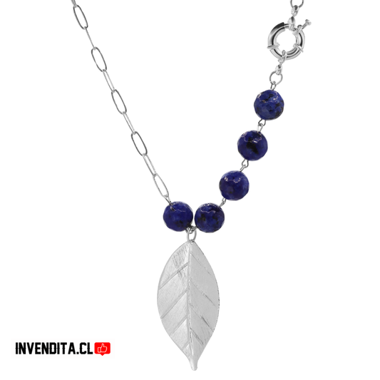 Collar enchapado en plata broche timón con hoja y lapislázuli