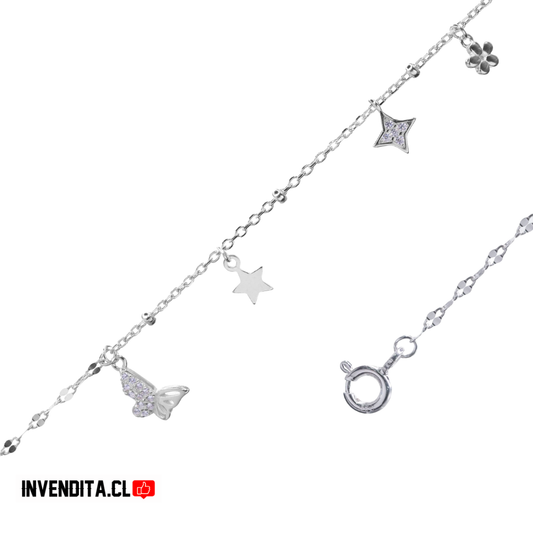Tobillera de plata 925 estrellas y mariposas con circones doble diseño cadena
