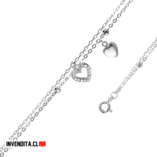 Tobillera de plata 925 doble cadena con colgantes corazón y circones