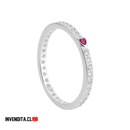 Anillo de plata 925 banda de circones y mini corazón de circón ruby