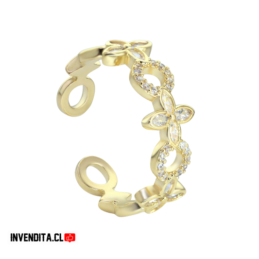 Anillo enchapado en oro abierto flores y circulos con circones