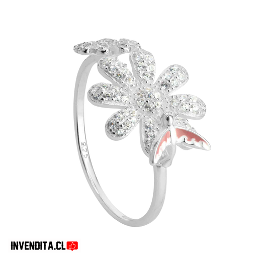 Anillo de plata 925 margarita de circones con golondrina