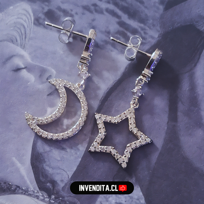 Aros de plata 925 diseño estrella y luna con circones