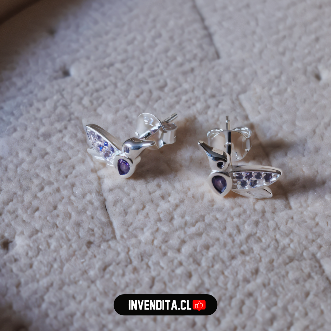 Aros de plata 925 colibrí circones lavanda