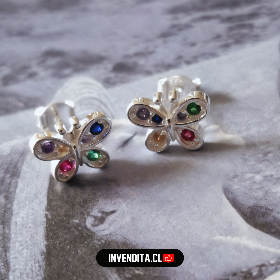 Aros de plata 925 mariposa con circones de colores