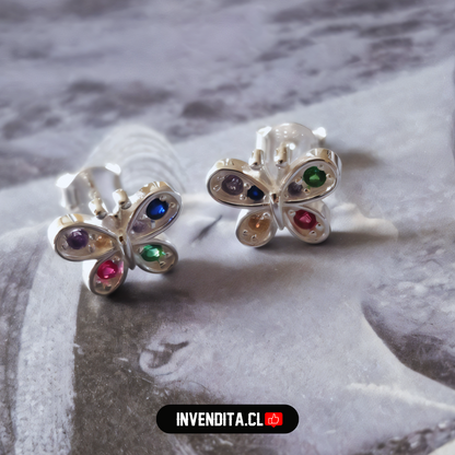 Aros de plata 925 mariposa con circones de colores