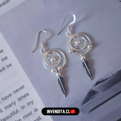 Aros de plata 925 diseño atrapasueños estilo nativo