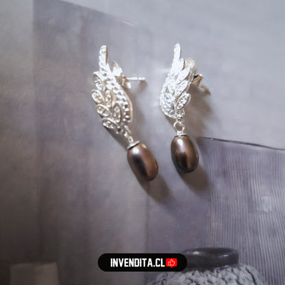 Aros de plata 925 ala con perla oscura