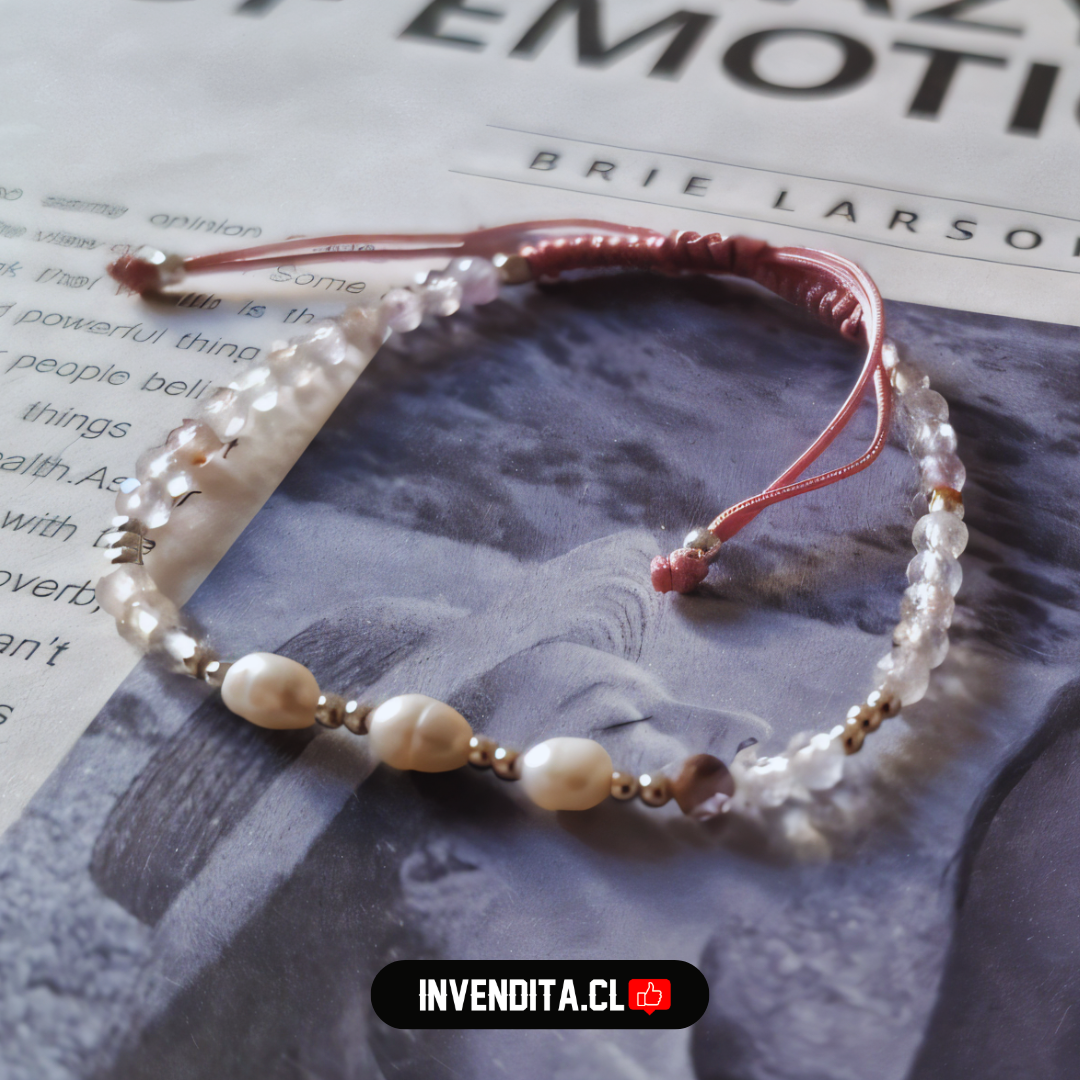 Pulsera de Plata 925 Macramé color Palo de Rosa con Cristales, Esferas y Piedras de Río