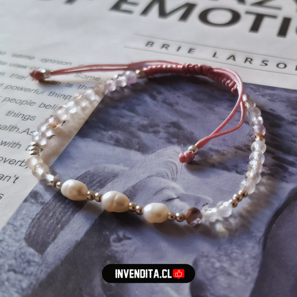 Pulsera de Plata 925 Macramé color Palo de Rosa con Cristales, Esferas y Piedras de Río