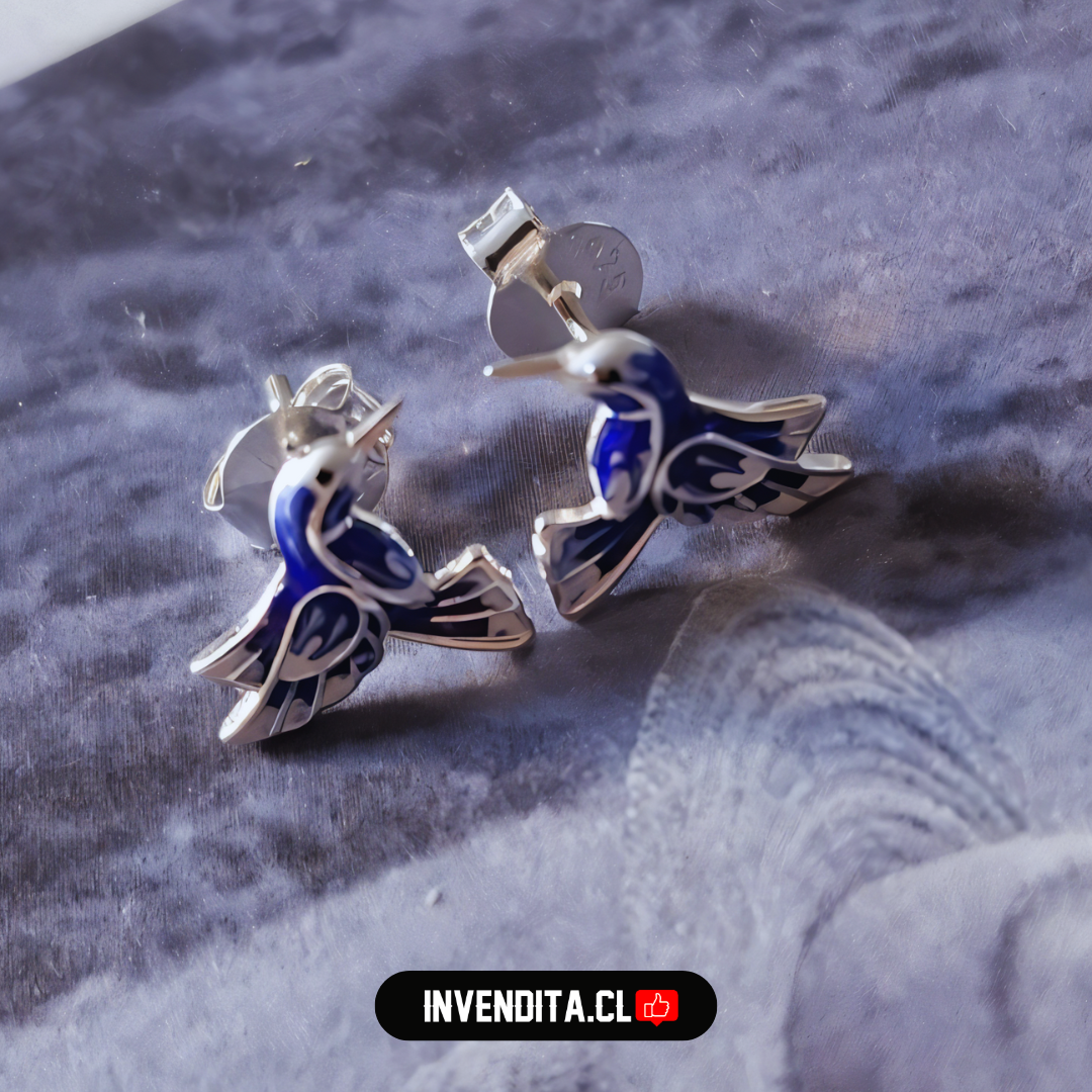 Aros de plata 925 colibrí esmaltado azul eléctrico