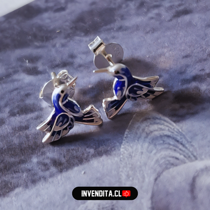 Aros de plata 925 colibrí esmaltado azul eléctrico